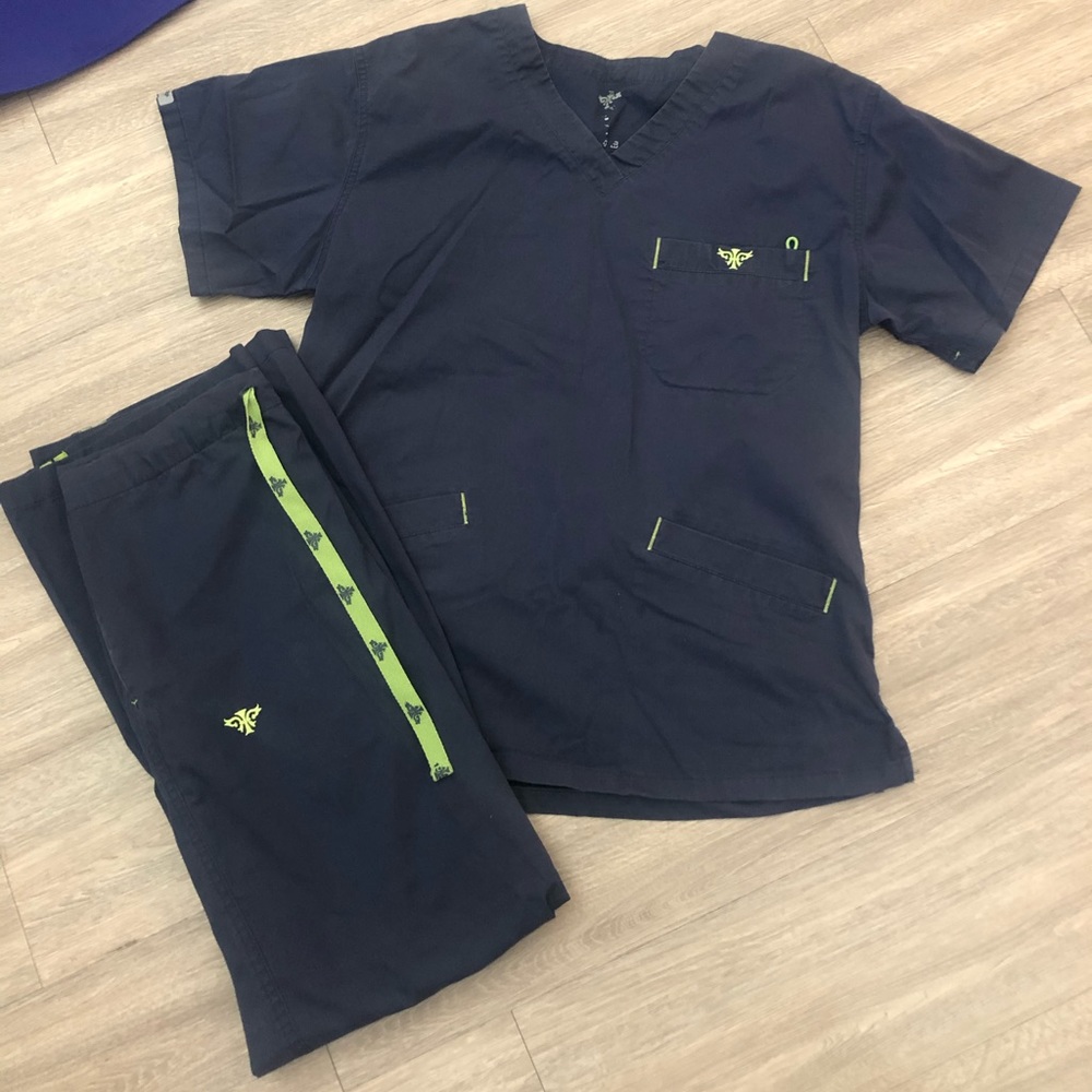 Med Couture Navy & Lime Green Scrubs, size: S